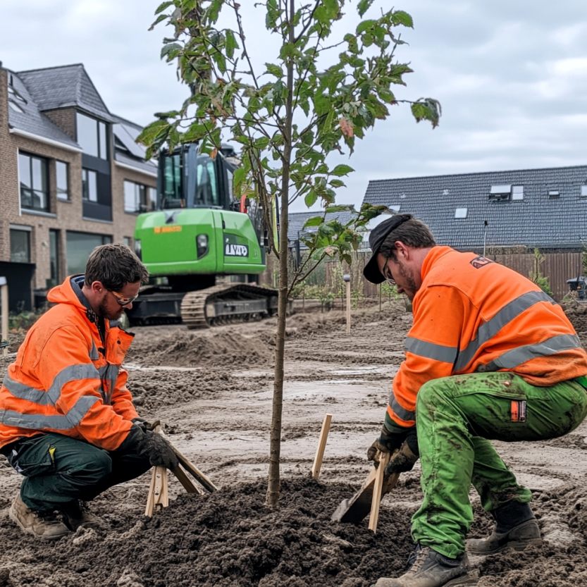 Twee mannen in werkkleding die midden in een woonwijk samen een boom aan het planten zijn.