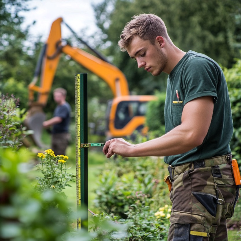 Een hovenier die een meetlat in zijn hand heeft. Hij is in een groene tuin aan het meten en heeft werkkleding aan. Op de achtergrond zie je nog een man bij een oranje graafmachine.