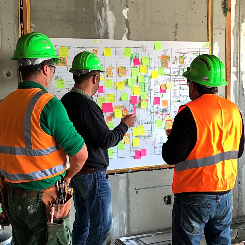 Drie mannen in oranje hesjes met een groene bouwhelm op, die met elkaar de planning bespreken. Ze staan voor een groot bord waar allemaal post-it's op geplakt zijn.