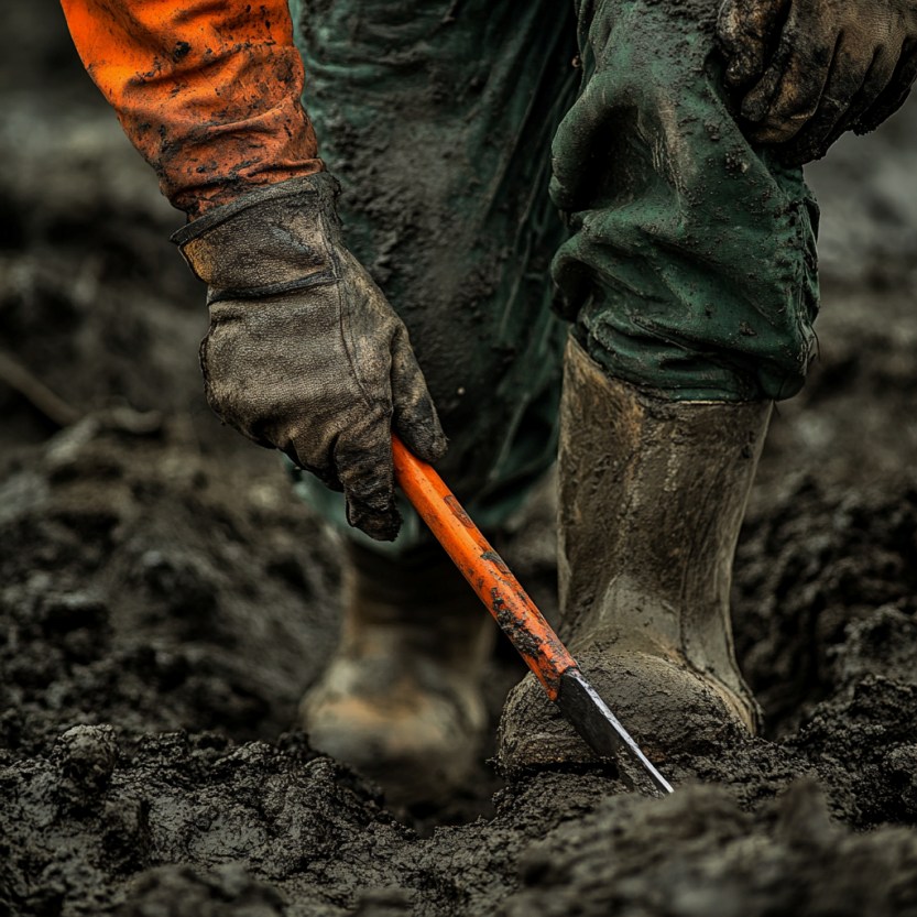 Een grondwerker die zijn werkkleding aanheeft en in de grond zit te werken met materiaal in zijn handen